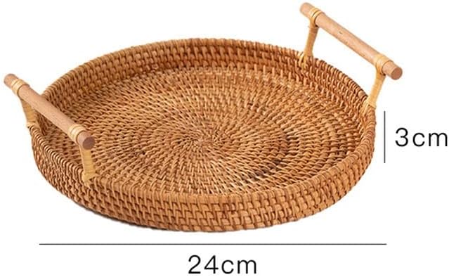 Bandeja de armazenamento de vime de sdgh à mão com alça de madeira redonda cesta de vime pão alimento prato de frutas