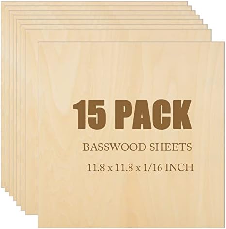 Folhas de basswood de 15 pack 1/16 folhas de madeira compensada 11,8 x 11,8 polegadas de madeira de madeira artesanal