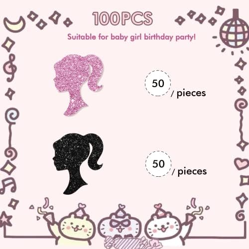 Conjunto de 100 confete de bonecas, confetes de aniversário de menina rosa/preto, confetes de festa de boneca,