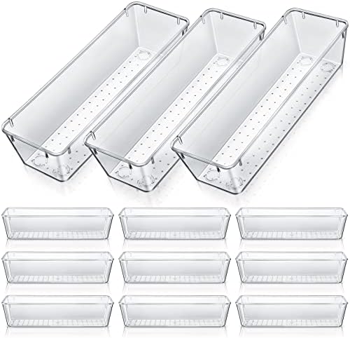 12 peças Organizadores de gaveta transparente 9 x 3 x 2 bandejas de retângulo de plástico Divisores de gavetas