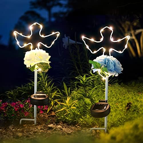 Mibung 2 Pack Solar Cross Garden Stake Lights com flores, 16 polegadas Angel Angel Wings Cross Decorativa