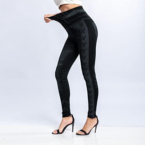 Yalfjv Yoga Calça Cintura alta com bolsos Mulheres jeans elásticas leggings Térmica imitação imitação de jeans