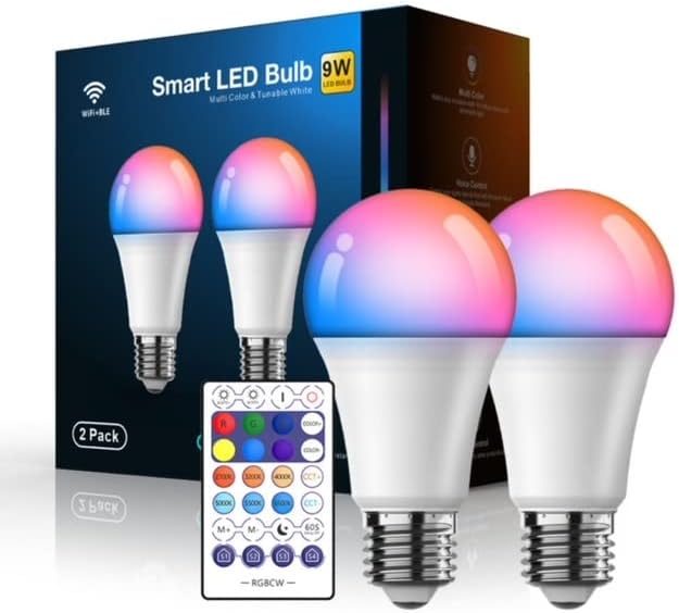 Lâmpada LED inteligente 2 PK com luzes remotas e multicoloridas, 9W, Wifi/Bluetooth, Dimmable, Alexa/Google