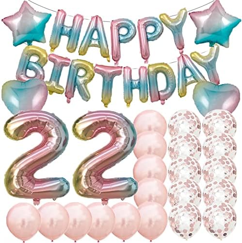 Doce de 22º aniversário de decoração de festas de festas, arco -íris 22 balões, 22º balão de balões de folha Mylar