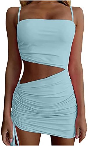 Mulheres Sexy Bodycon Party Vestes Solid Hollow Out Spaghetti Backless sem mangas Club Club Ruched Bodycon Mini