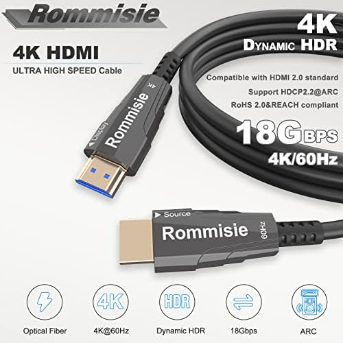 Rommisie 4K HDMI Cabo de 150 pés de fibra óptica, HDMI 2.0.18Gbps 4k@60Hz Ultra HD Cord Audio Ethernet