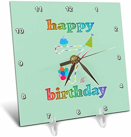 3drose feliz 7º aniversário, cupcake com vela, balões, chapéu, colorido - relógios de mesa