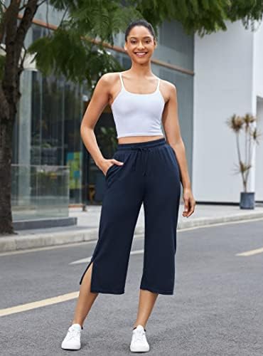 Calças Capri de perna larga de iuga para mulheres Capris Capris Sortpants Split Hem Lounge Workout Yoga com bolsos