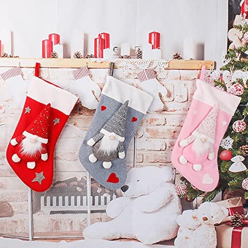 Bwole Conjunto de 3 meias de Natal, 20,5in com fofo gnomo sueco 3D 3D, Big Xmas Stockings Decoração pendurada