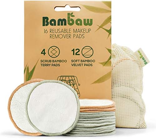 Bambaw Removedor de maquiagem reutilizável almofadas | 16 rodadas de algodão com bolsa de lavanderia | Algodão