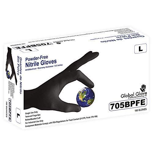 Luva global 705bpfe- Economia Luvas descartáveis ​​de nitrilo preto sem pó- 100 luvas por caixa,