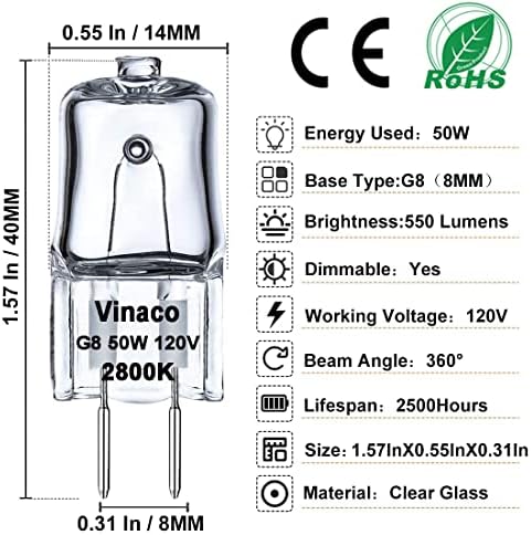 Vinaco g8 lâmpada, 10 pacote g8 bulbo de halogênio 50w, alta saída e xenônio CRI100 50 watts 120 volts G8