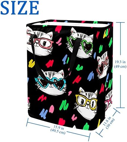 Cesto de lavanderia de kapotofu com alça, cabeça de gato de desenho animado com óculos de fundo preto cesto de