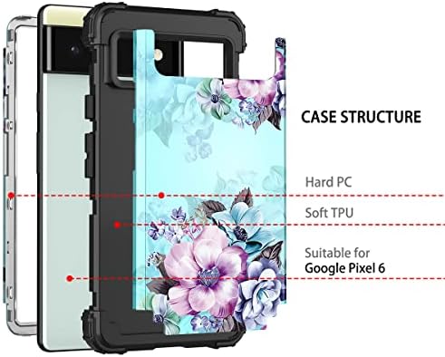 Casetego Compatível com o caso do Google Pixel 6, Floral Three Camadas Hovery Duty Sturdy Chegar à prova de choque completo Case