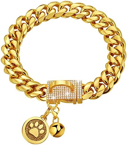 IDOFAS Gold Chain Collar Dog Collar 14mm Cola de cachorro Cuba com Bling CZ Diamonds Buckle 18k Gold