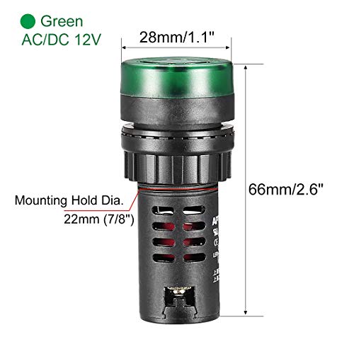 UXCELL 3PCS Luz indicadora verde com campainha AC/DC 12V, 22mm Painel Montagem de alarmes de flash,