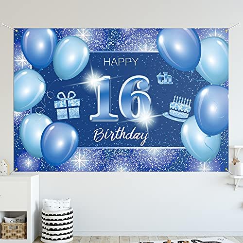 Feliz aniversário de 16º aniversário, decoração de banner azul - Dot Glitter Sparkle Decorações