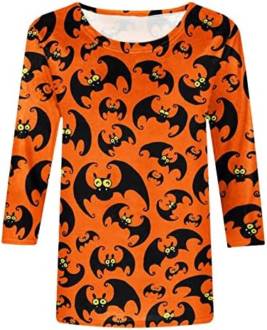 Camisas de Halloween para Mulheres 2022 Bat Print 3/4 Mangas Tops Longo Camiseta leve de Crewneck