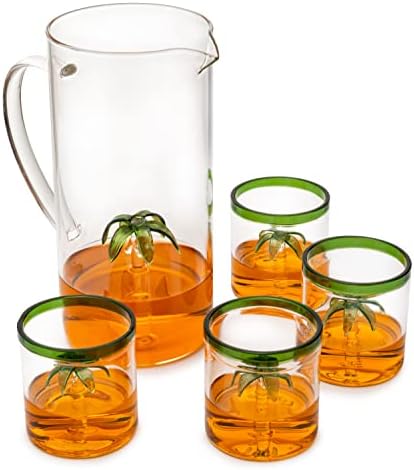 A jarra de palmeira e 4 copos de decanter com 4 copos de 9 onças de vinhos Savant - Conjunto de vidro elegante,