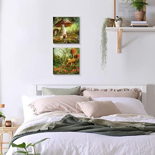 QTESPEII Conjunto de 4 fadas Arte da parede Green Natureland Pictures Fotos de flores Fada na tela de cogumelo