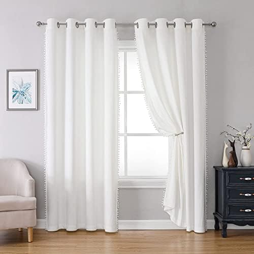 Miss SelectEx cortinas de veludo branco para sala de estar - pom pom tasselled room escurecendo cortinas