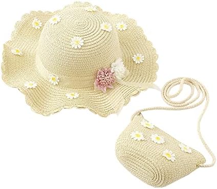 Capéu de palha de garotas de criança e bolsa de ombro conjunto margarida praia boné largo de verão chapéu