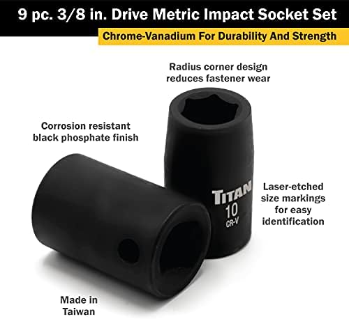 Titan 48201 de 9 peças de 3/8 polegadas métricas de acionamento de soquete de impacto