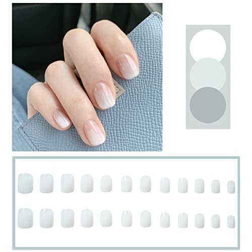 Pressionamento de gradiente curto em unhas, design de quadrado branco francês, cola de acrílico falso