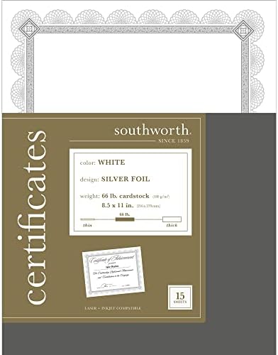 Certificados de folha de peso premium de Southworth®, 8 1/2 x 11, spiro de folha branca/prata,