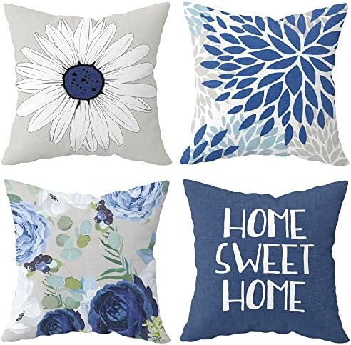 Capas de travesseiros decorativos de arremesso azul conjunto de 4 travesseiros florais de verão de verão Capas de travesseiros de 18x18 polegadas azul marinho e cinza Caixa quadrada de almofada de sofá moderna