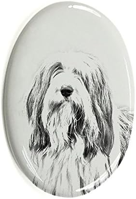Collie barbuda, lápide oval de azulejo de cerâmica com a imagem de um cachorro