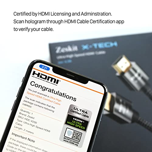 Zeskit X-Tech 48Gbps Ultra de alta velocidade Cabo HDMI 8 pés, 8k60 4K120 144Hz EARC HDR HDCP