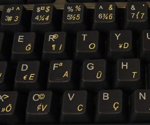 Etiquetas de teclado turco F com letras amarelas em fundo transparente para desktop, laptop e caderno
