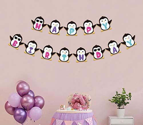 Banner de feliz aniversário do pinguim, sinal de aniversário inspirado no pinguim, decorações de festas de pinguim