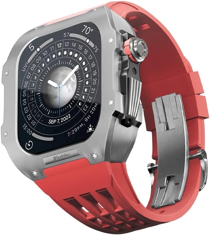 Kit de modificação de relógios Bholsa para Apple Watch 8 7 45mm Case de titânio + alça de viton, estojo de luxo