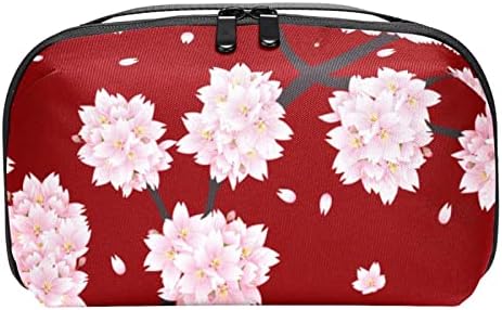 Cherry Blossom Flower Red Makeup Bag Zipper Bolsa Travel Organizador cosmético para mulheres e meninas