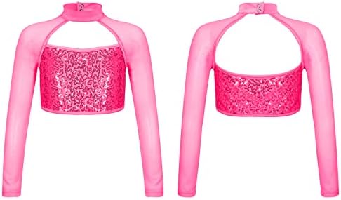 Kvysinly Girls Shiny Dance Athletic Crop top lantejas de manga longa ioga Ballet Fitness Sports Gymnastic Camise
