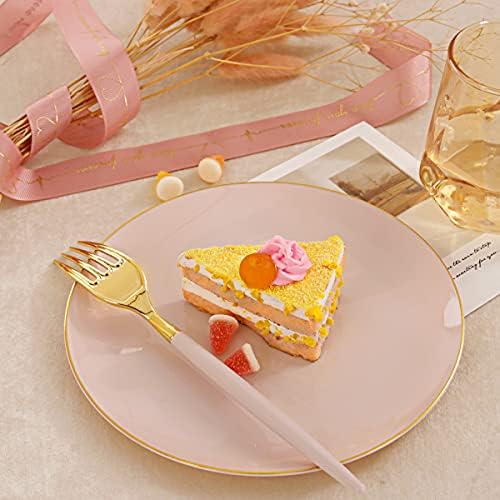 I00000 72pcs Placas de sobremesa plásticas de ouro rosa com 72pcs Rosa descartável Forks, pratos premium