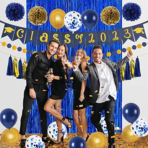 Decorações de festa de formatura 2023 - Classe azul e dourada de pomps de papel de banner 2023,