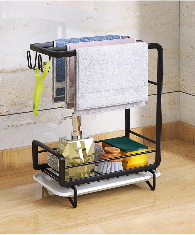 Rack de organização de cozinha multifuncional para toalha, esponja, garrafa, escova com tipo de mesa e suspensão