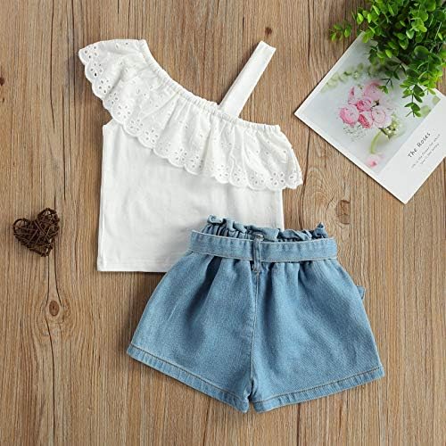 Criança de meninas para meninas roupas de verão Floral Ruffle Top Top Blouse + Patch jeans Short