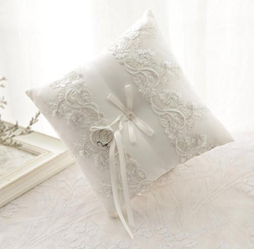 Travesseiro de casamento de fita de renda elegante de boneca, marfim 21 × 21cm