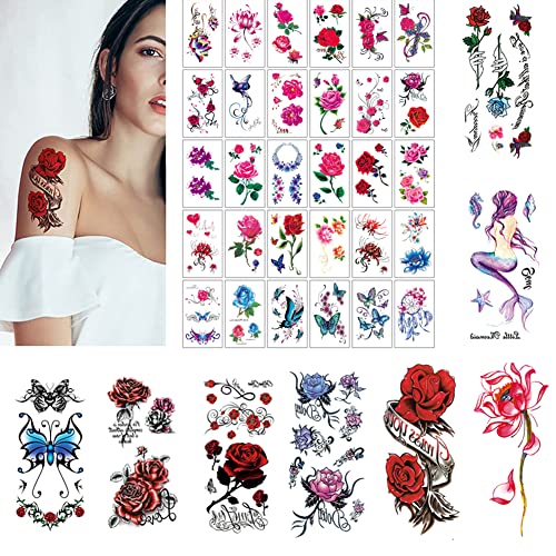 38 lençóis Flor Tatuagens temporárias, rosas 3D, borboletas e arte corporal de estilo misto multicolorido