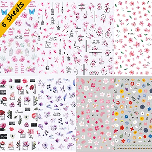 Votacos 8 lençóis Flower Nail Art adesivos de primavera Decalques de unhas de pêssego Blossom Daisy unhas