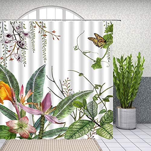 Yadshoti folhas verdes cortinas de chuveiro Flor Flor Butterfly Spring Planta Decoração do banheiro