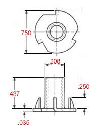 T-Nut 8-32 x 7/16 Comprimento, 4 ponta, aço, inserção rosqueada pressionada para madeira ou plástico.
