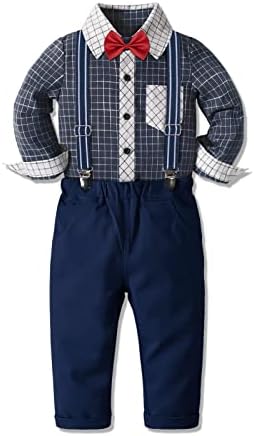 Roupas de vestido de criança Meninos Termam camisa formal com arco e calça conjunto de 4 peças roupas meninos