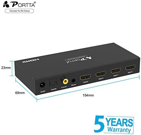 Portta HDMI Switch 4-Port HDMI Switcher Box V1.3 com controle estéreo de controle remoto Toslink