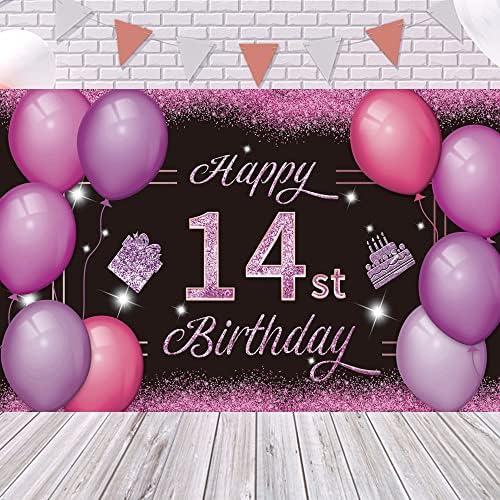 Feliz Banner de Banner de 14º Aniversário Rosa Purple 14o Poster de Poster de 14 Aniversário Festa de Aniversário