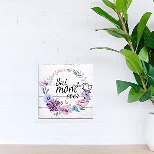Melhor mãe Ever Ever Wooden Sign Vintage Spring Sunflower Flower Wreath Wall Plaque Summer Floral Home Wall Decoration for Home Kitchen Room Living Kitchen Housewarming Presente 12x12in